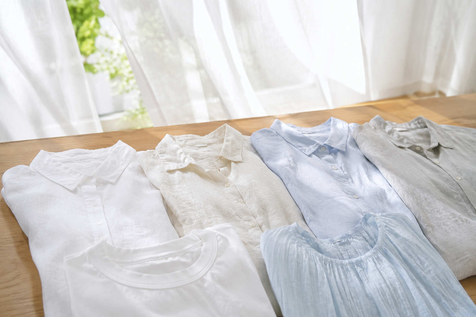 麻や綿の夏服が自然光の入る部屋で並べられている様子